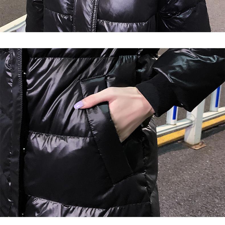 Winter Bright Face Ladies Long Padded Jacket with Hooded Stand-up Collar Slim Fit Thick Warm Down Padded Jacket Simple and Versatile Loose Warm Jacket