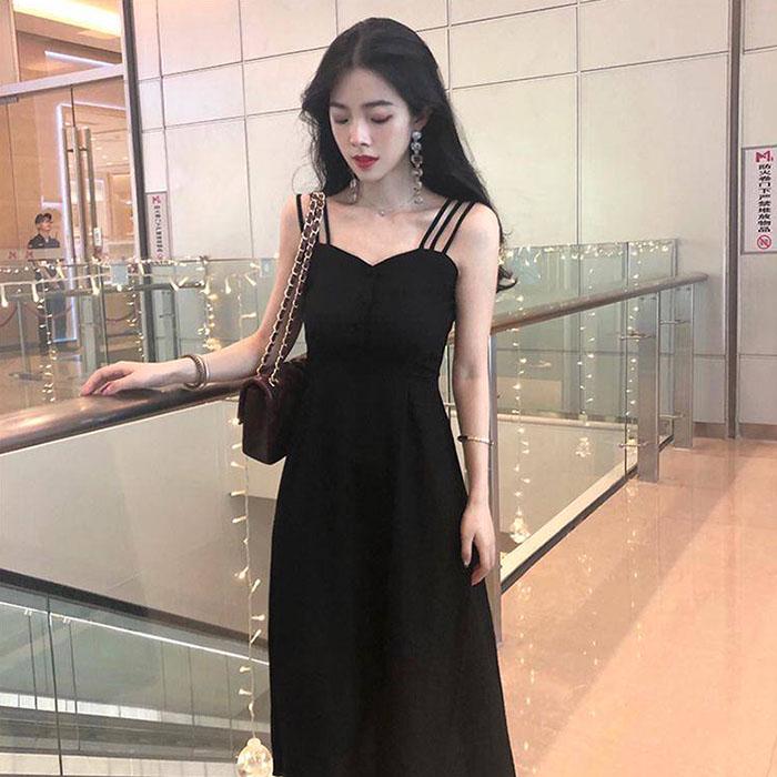 Pofulove Plus Size Women Vintage Black Camisole Dress Below The Knee Sexy Thin Vacation Beach Skirt
