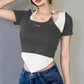 Fashion Trend Color Matching Fake Two-piece T-shirt Street Personality Chain Hanging Neck Hollow Irregular Girl Sexy Top