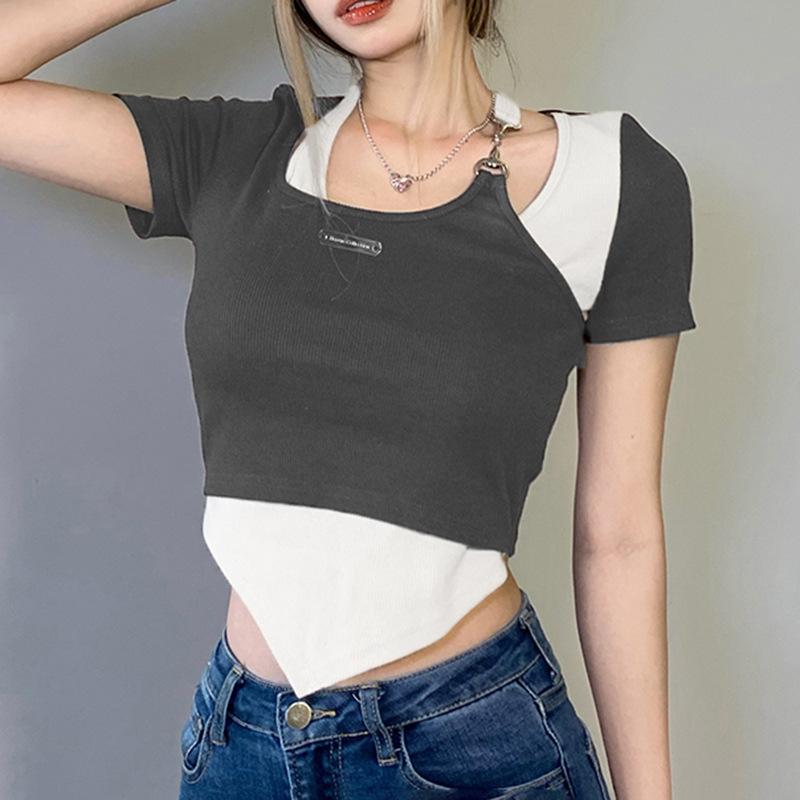 Fashion Trend Color Matching Fake Two-piece T-shirt Street Personality Chain Hanging Neck Hollow Irregular Girl Sexy Top