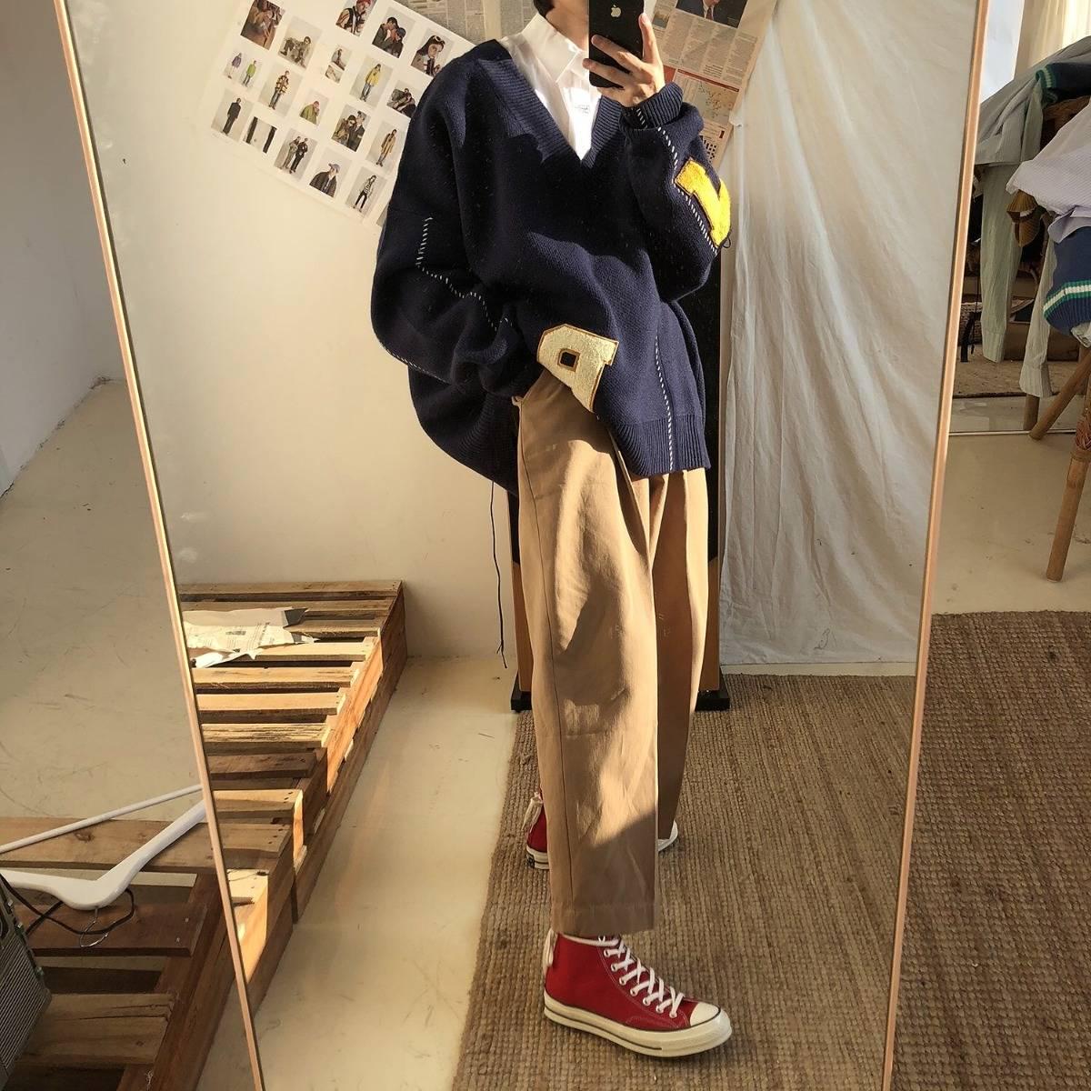 Pofulove Autumn Winter V-neck Pullover Sweater Schoolgirl Loose Base Warm Sweater Coat Apricot