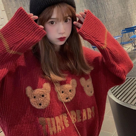 Autumn Winter  Women Fashion Bear  Sweater Casual Knitting Sweater  Round Neck Pullovers Loose Casual Long Sleeve Sweater