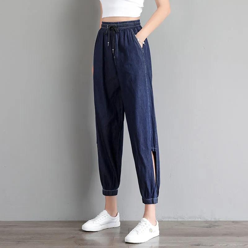 Tencel Thin Denim Jeans Women's Korean Style Loose Large Size Casual Ninth High Waist Harem Pants Outdoor Sports Denim Jeans Trousers
