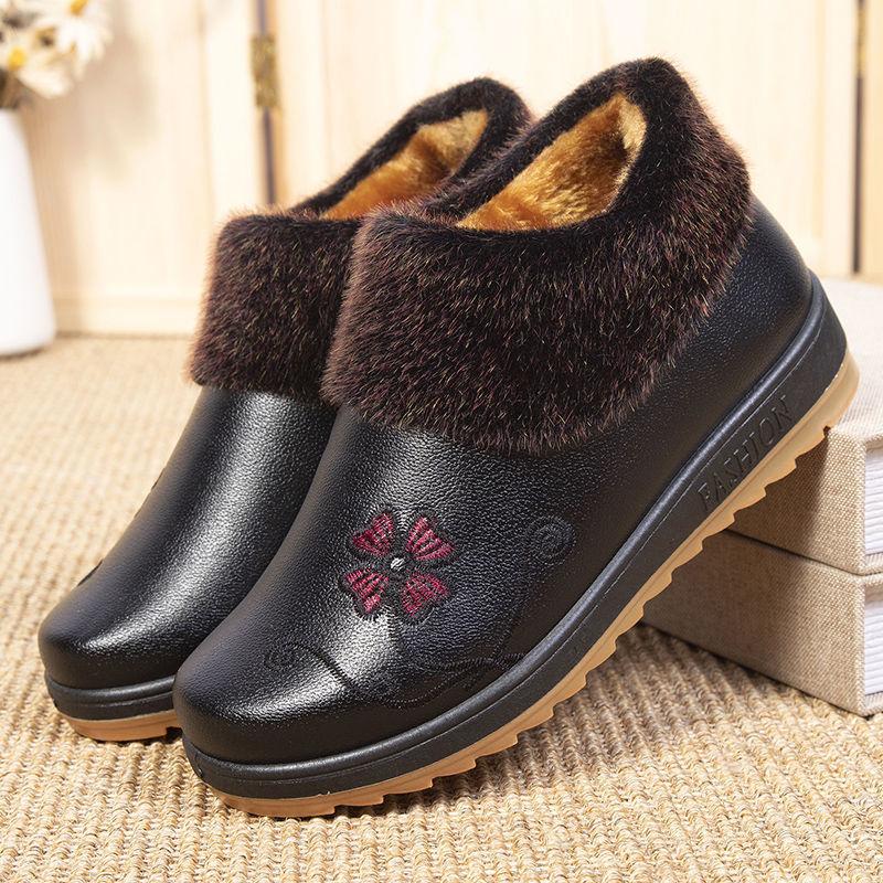 Winter Women's Waterproof Snow Cotton Boots Fleece Warm Flat Non-slip Leather Cotton Shoes