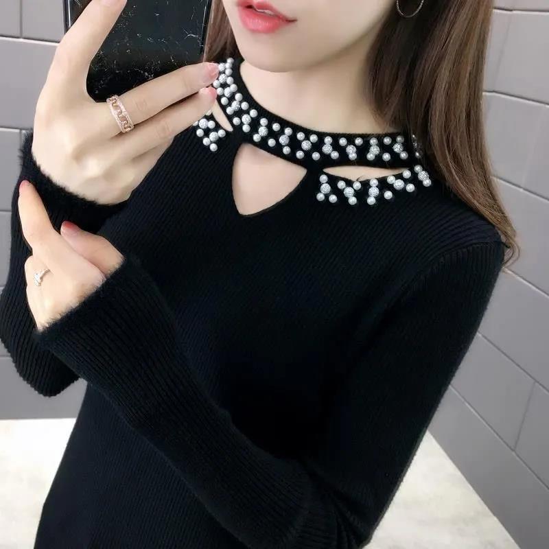 Knitted Beaded Top Women's Sweater Spring Style Slim Fit Bottoming Long Sleeve Sweater