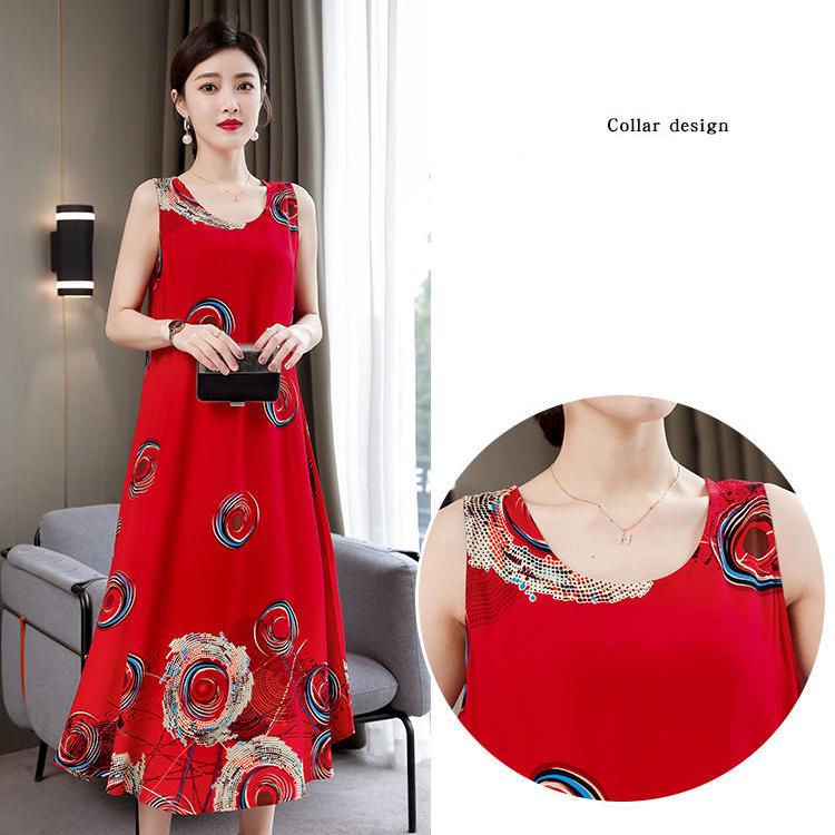 Large Size XL-XXXXXL Women Summer Cotton Silk Dress Sleeveless Vest Skirt Loose Printing Home Night Skirt Beach Skirt
