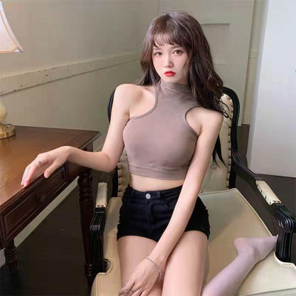 Half Turtleneck Sling Girl Sexy Vest Female with Chest Pad Outside Wear Inside Wear-proof Slim Top Wrap Chest Lingerie Yoga Fitness Sport Bar