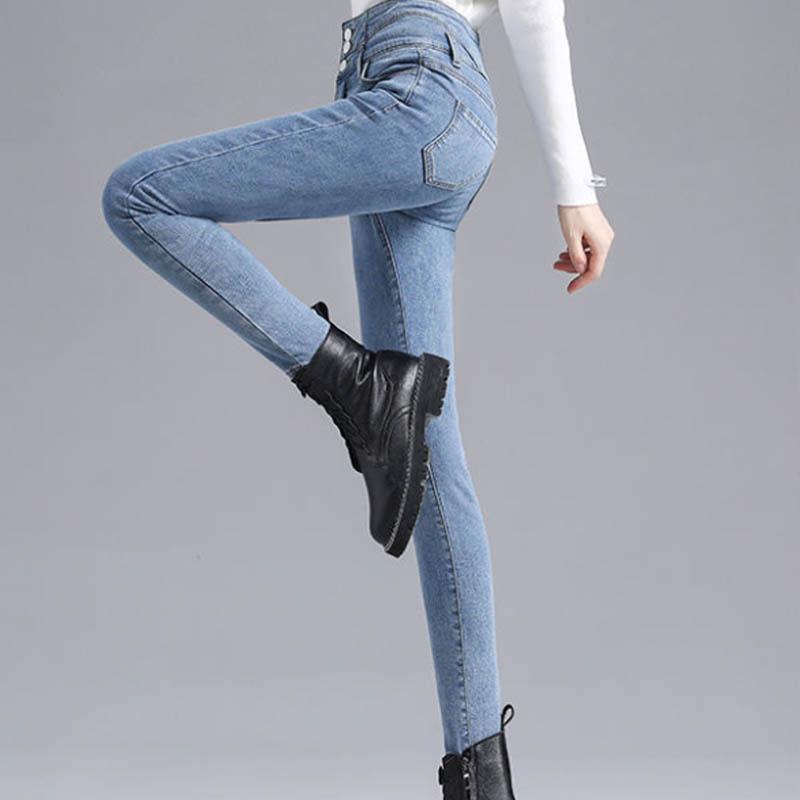 Plus Velvet Thickening Jeans Women's High Waist Winter Korean Version of The Trend Slime Stretch Warm Tight Foot Pencil Pants