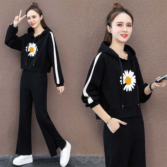 Solid Color Sports Suit Women's Cotton Spring and Autumn Leisure Sports Suit Hooded Long-sleeved Sweater Wide-leg Pants Two-piece Set