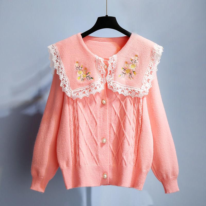Peter Pan Collar Embroidered Sweater Cardigan Jacket Women's Autumn Korean Lace Large Collar Knit Sweater