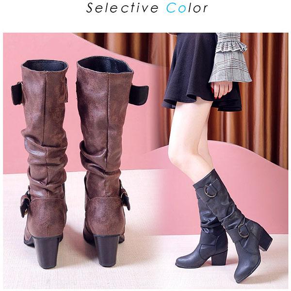 Leather Buckle High-heel Knee-High Boots Women's Leather High Boots Thick-heeled Knight Boots Plus Size 35-43 Cowboy Boots