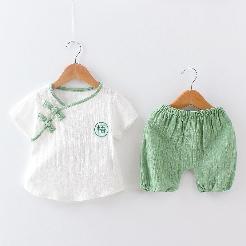 Children's Suit Summer Thin Boys Girls Loose T-shirt Shorts Two Piece Set Chinese Style Zen Pleated Button Ventilation