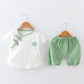 Children's Suit Summer Thin Boys Girls Loose T-shirt Shorts Two Piece Set Chinese Style Zen Pleated Button Ventilation