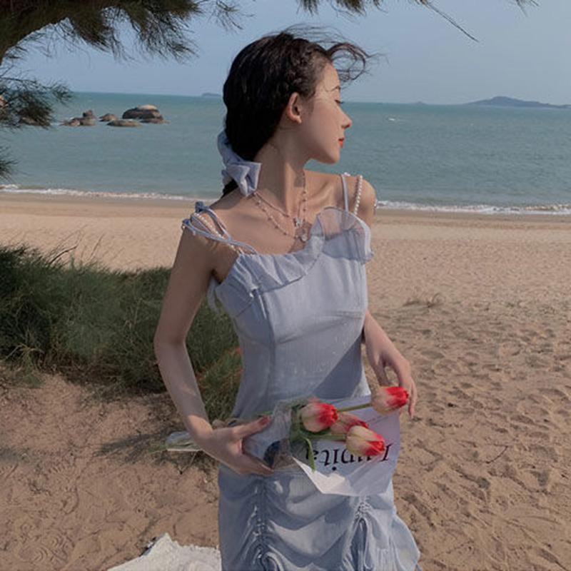 Sling Dress Slimming Short Skirt Female Gentle Wind Sweet Cute Sling Dress Ladies Dress Fabric Light and Breathable Ruffled Cute Princess Style