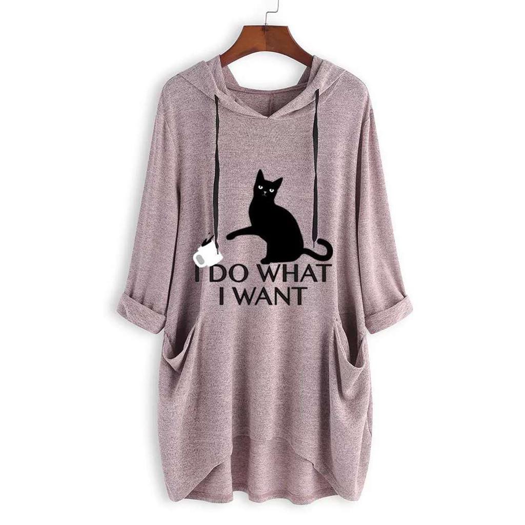 Women Casual Print Cat Ear Hooded Long Sleeves Pocket Irregular Top Blouse Shirt