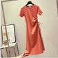 Ladies Mid-length  Round Neck Slim Base Short Sleeve Loose and Casual Solid Color Roped Drawstring Dress