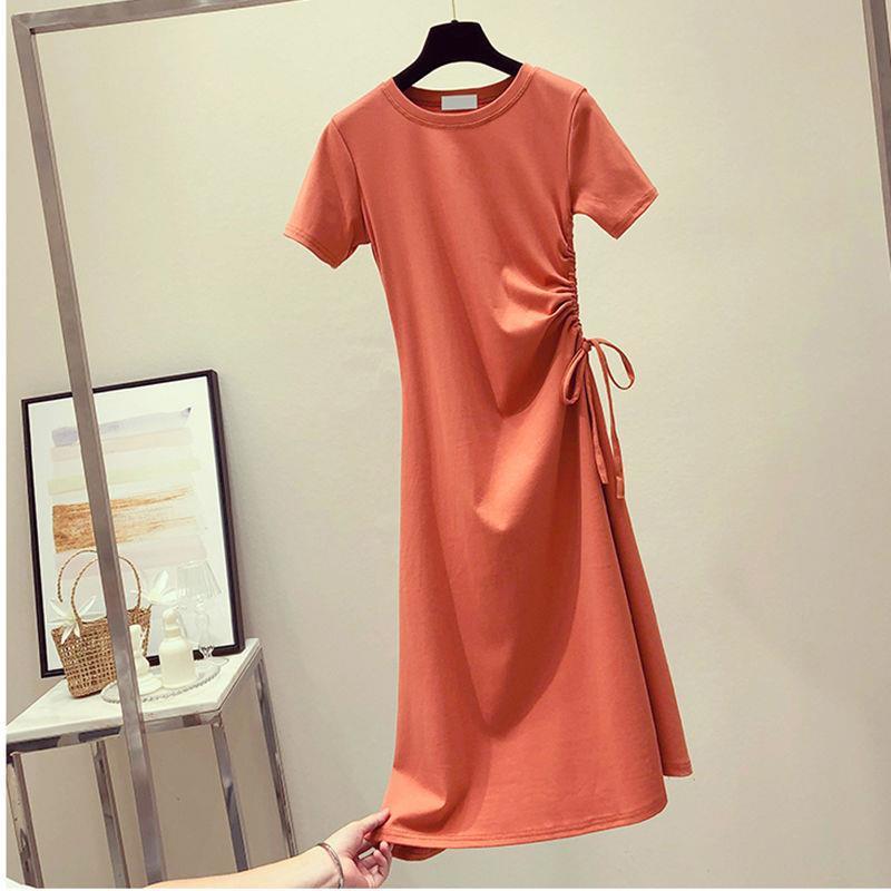 Ladies Mid-length  Round Neck Slim Base Short Sleeve Loose and Casual Solid Color Roped Drawstring Dress