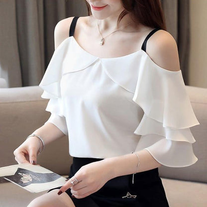 Sweet Temperament Short-sleeved Ruffled Women's Collar Off-shoulder Top Ladies Temperament Chiffon Shirt Bottoming Shirt