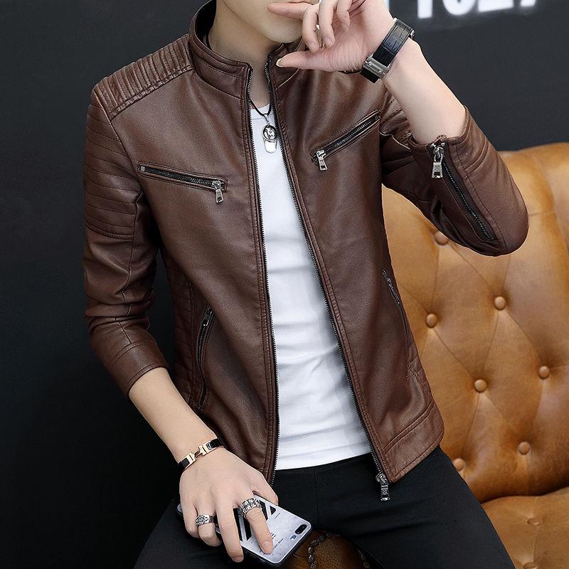 Men's Leather Jackets Slim Stand Collar Zipper Fashion Coat Motorcycle Leather Jacket Mens Coats
