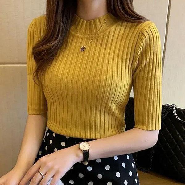 Women's Spring Summer Slim Solid Color Casual Knitted Shirts Large Size Half Sleeve Pullover Sweater