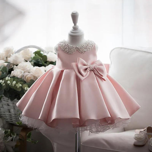 Children's Dress Princess Skirt Flower Girl Wedding Birthday Baby Sweet Dress Girl Piano Host Performance Costume Round Neck Sleeveless Bow Decoration