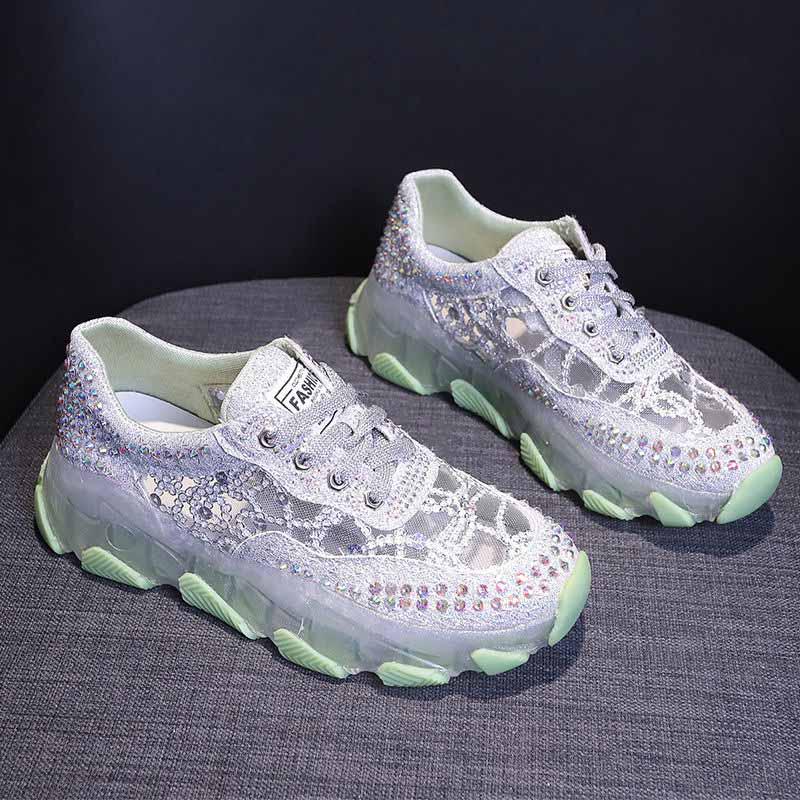 Plus Size 35-39 Summer Women Mesh Sneakers Breathable Running Basketball Shoes Students Shockproof Non-slip Rhinestone Crystal Shoes