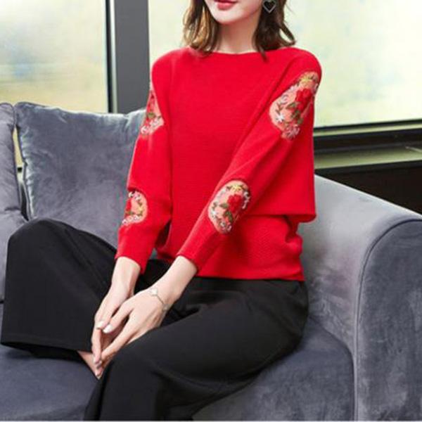 Outer Wear Loose Bat Sleeve Knit Sweater Large Size Lace Casual Sweater Spring and Autumn Print Top Coat