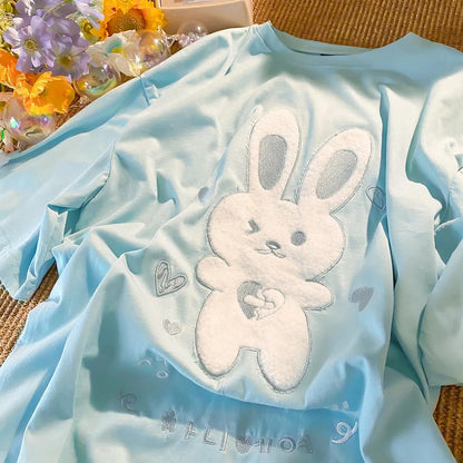 Rabbit Embroidery Cotton Women's Summer Round Collar  Tees Loose Breathable Short Sleeve Harajuku All-match T Shirt Tops