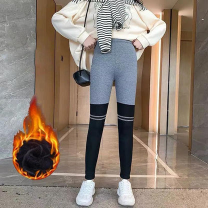 Plus Velvet High Waist Stitching Contrast Color Leggings Women Wear All-match Thin Elastic Feet Pants