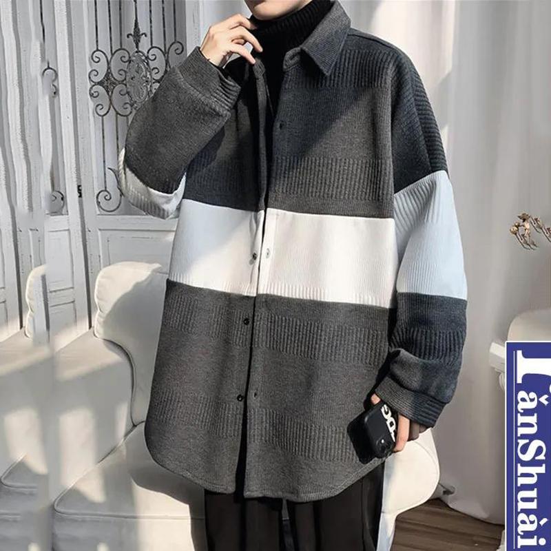 Sweater Cardigan Coat Men's Loose Stitching Color Thickened Knitted Cardigan Coat Warm and Comfortable Breathable Men's Sweater