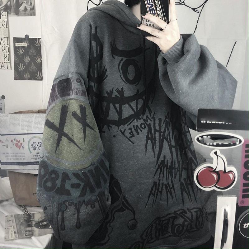 Fashion Sweatshirts Graffiti Printed Oversized Harajuku Hoodies Women Streetwear Hip Hop Pullover Hooded Tops Winter Fleece Clothes Plus Size Coat