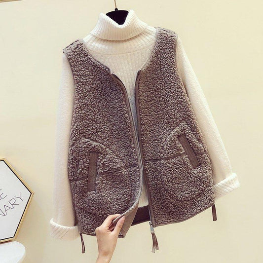 Autumn and Winter Casual Sleeveless Cardigan Short Lamb Hair Vest Solid Color Pocket Waistcoat
