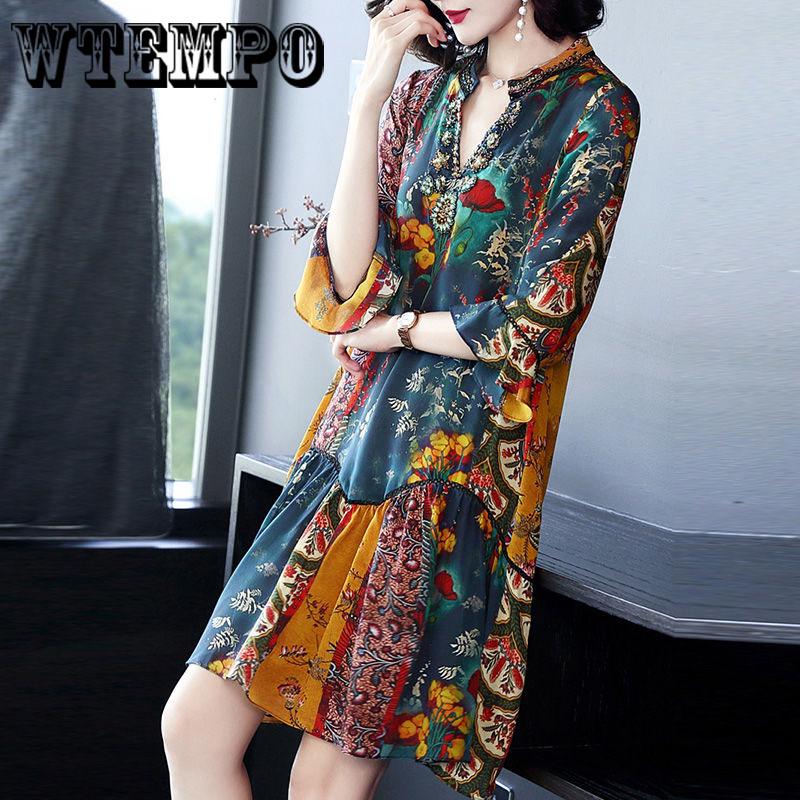 Springsummer New V -Collar Temperament Bohemian Dress Silk Printing Long Beach Dresses