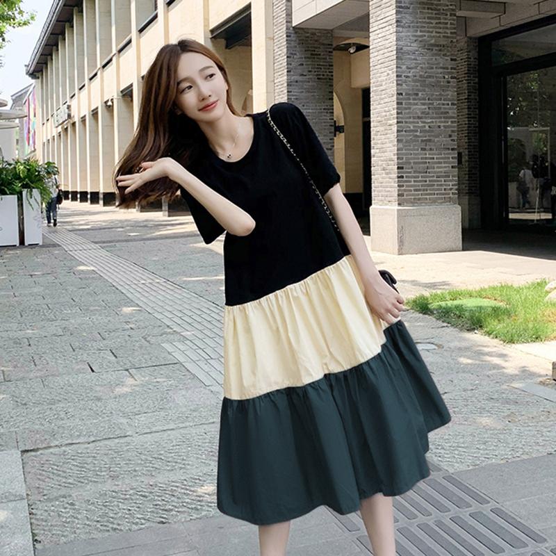 Dress Stitching Contrast Color Skirt Women's Loose Dress Round Neck Short-sleeved Large Skirt Casual Dress Fabric Light and Breathable Sweat-absorbent
