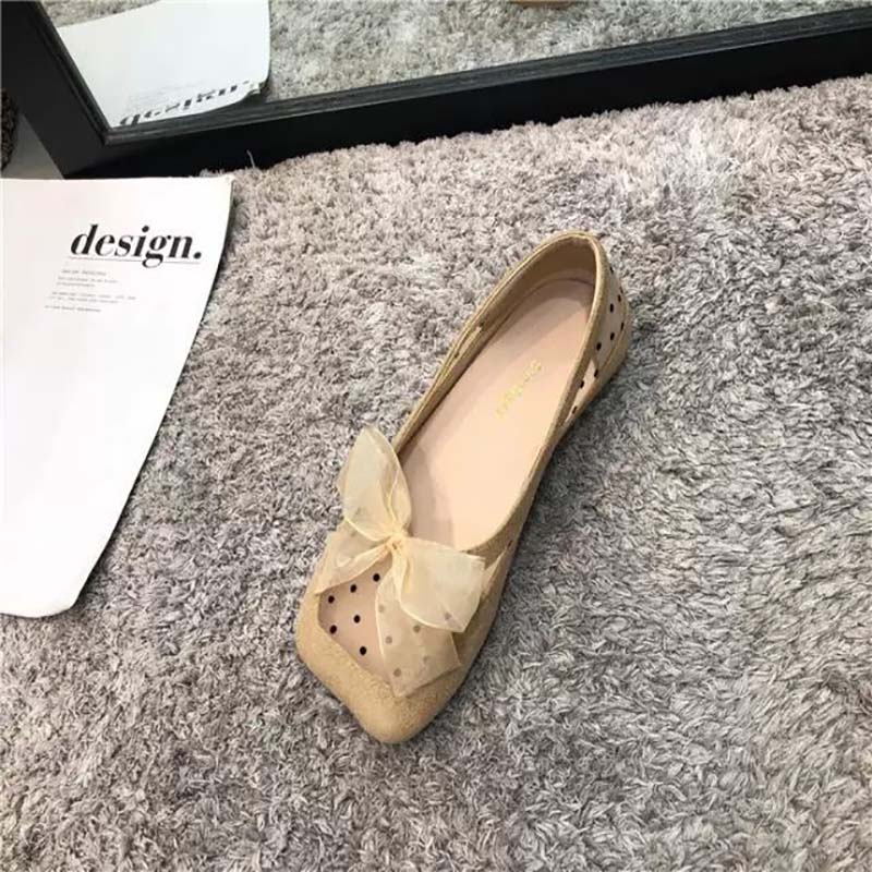 Spring and Summer Ballet Shoes Female Square Head Polka Dot Mesh Flat Mary Jane Shoes Fairy Style Lace Lace
