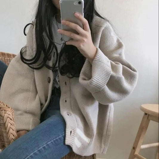 Lazy Style Knitted Cardigan Women's Autumn and Winter Loose School Style V-neck Long-sleeved Sweater Jacket