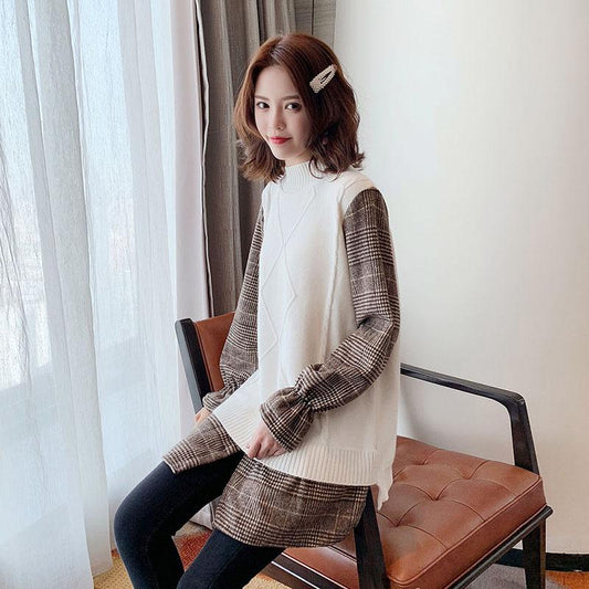 Mid-length Pullover Sweater Women Lapel Fake Two-piece Dress Autumn Winter Thick Warm Knitted Sweater Dress