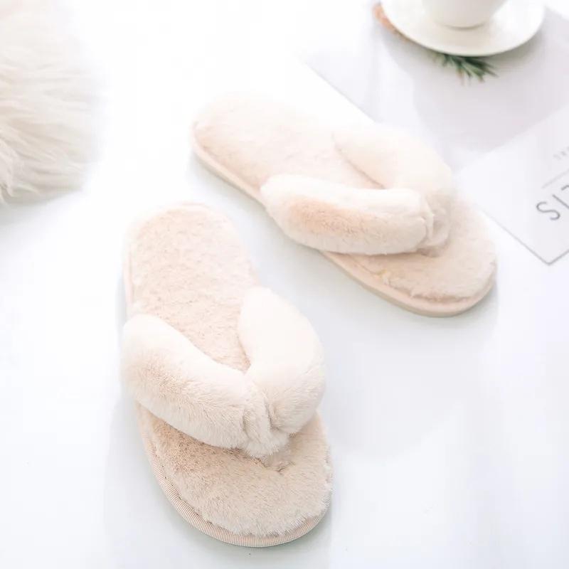 Warm Fluffy Slippers Women Cozy Faux Fur Cross Indoor Floor Slides Flat Soft Furry Shoes Ladies Female Celebrities Flip Flops