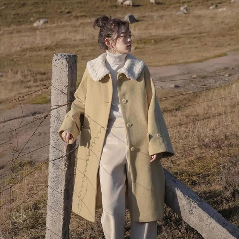 Add Cotton Thick Winter Mid-length Woolen Coat Female Lamb Hair Doll Collar Warm Woolen Coat