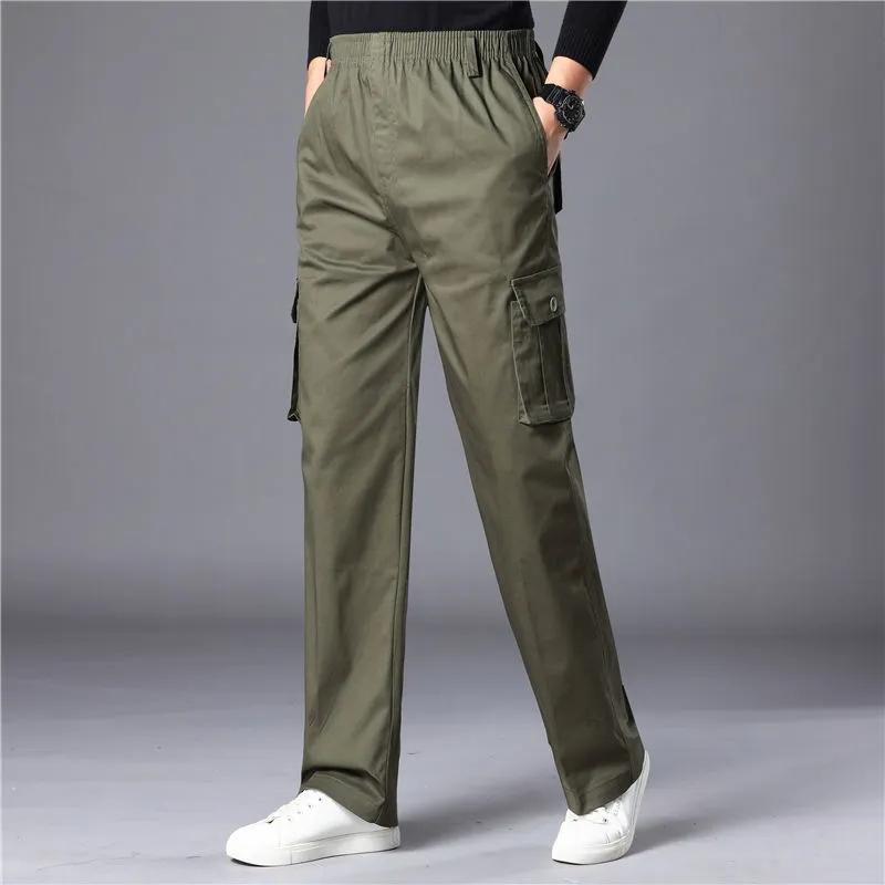 Men's Cotton Casual Overalls Trousers Middle-aged Multi-pocket Pants Loose Wear-resistant Work Pants