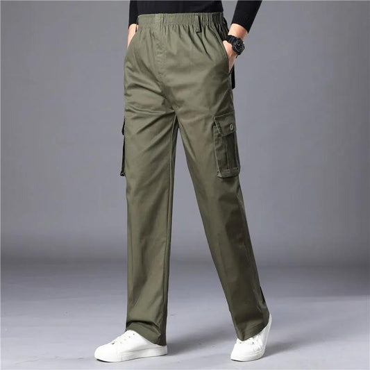 Men's Cotton Casual Overalls Trousers Middle-aged Multi-pocket Pants Loose Wear-resistant Work Pants