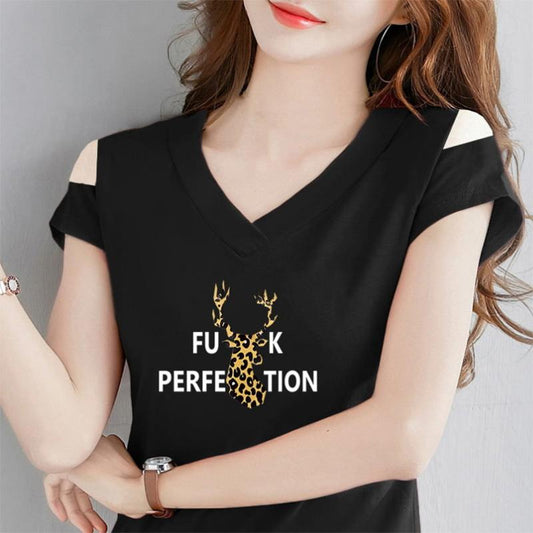 Summer Off-the-shoulder T-shirt Solid Color Short-sleeved T-shirt Women's Leak-shoulder One-word V-neck Top Korean Version Slimming T-shirt