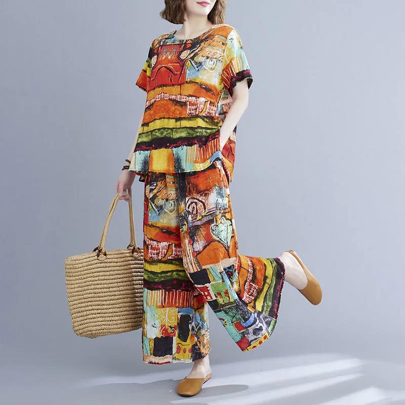 Two-piece Suit Cotton Large Size Ethnic Style Suit Female Summer Literature and Art Retro Short-sleeved Wide-leg Nine-point Pants Loose