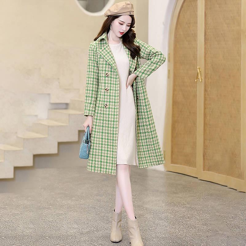 Winter Trench Jacket Women Casual Plaid Coat Warm Button Pocket Jackets Women Wool Overcoat