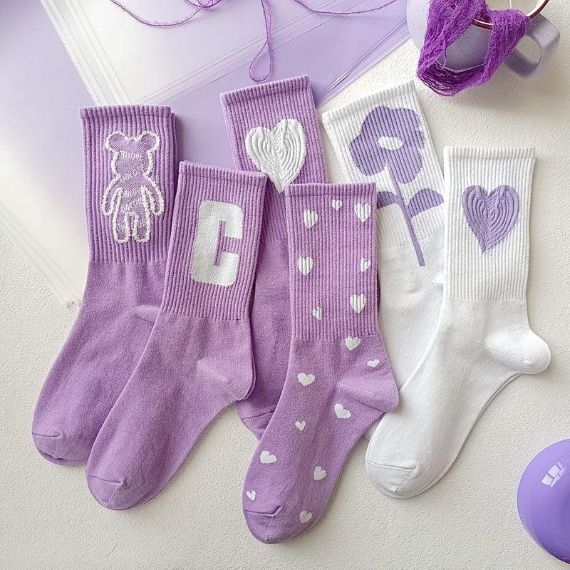 Women's Purple Stockings Fashion All-match Stockings Student Cotton Couples Six Pairs of Stockings