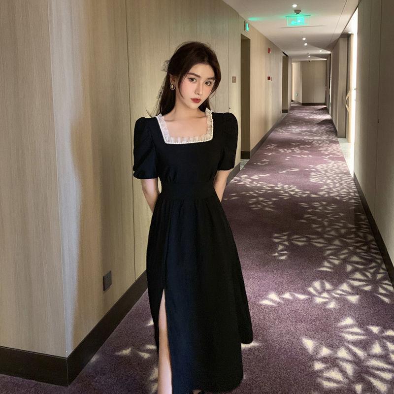 Large Size Red Square Collar Dress Female Summer French Retro Waist Slimming Long Skirt Lace Neckline Sexy Elegant Cute Playful Dress