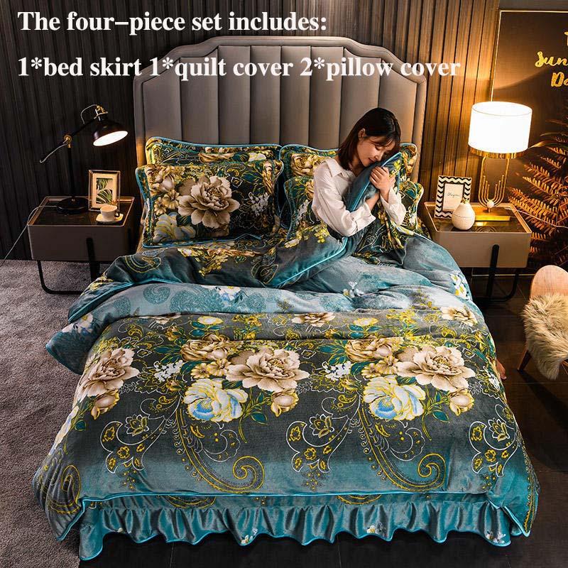 Warm Printing Four-piece Double-sided Fleece Bed Skirt Quilt Cover Pillowcase Set Bedding