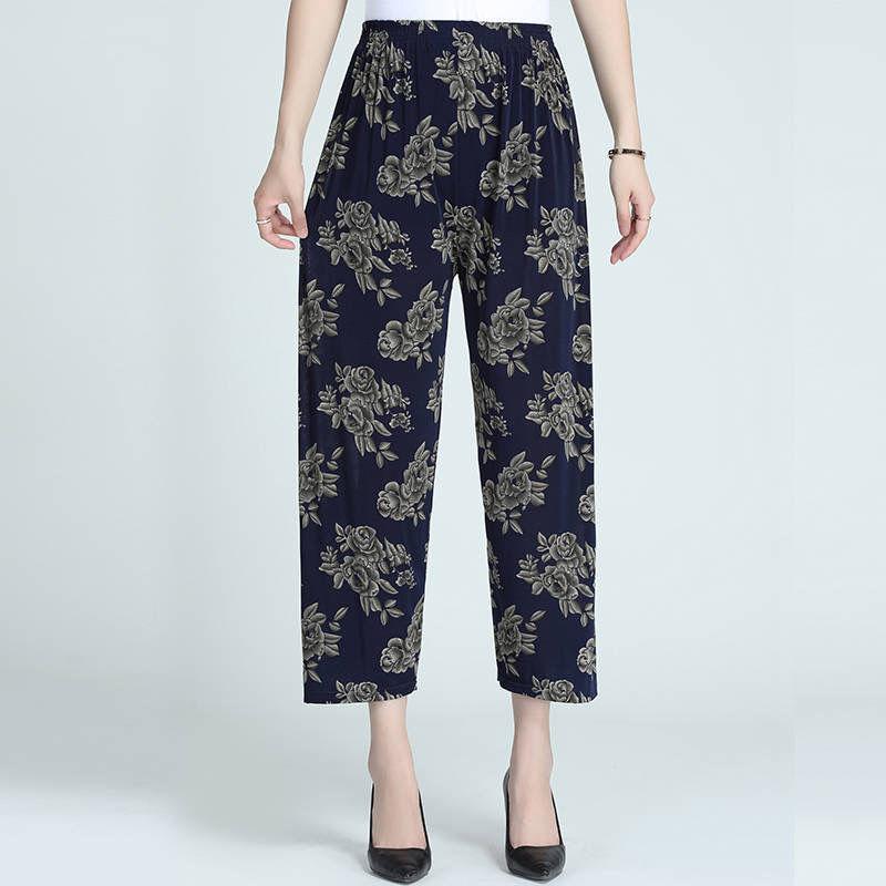 Women's Outer Wear Summer Thin Pants Middle-aged and Elderly Wide-leg Pants Mother Casual Pants Ice Silk Pants