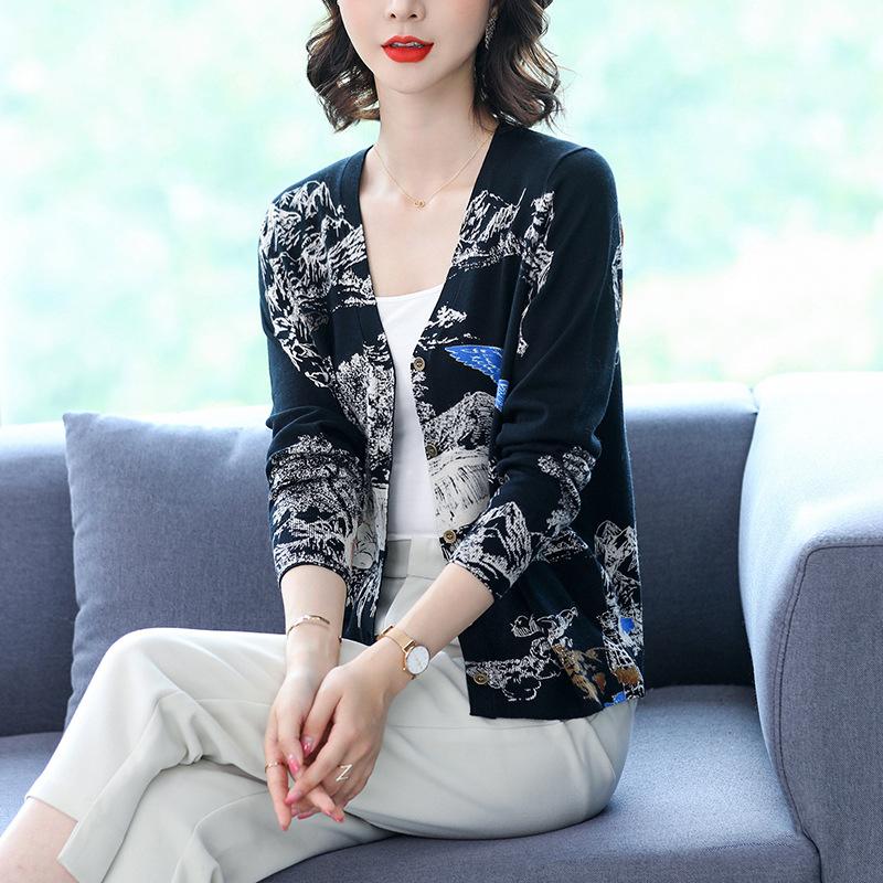 Winter Women's Printed Cardigan V-neck Casual Plus Size Sweater Coat Warm and Fashionable Knitted Cardigan
