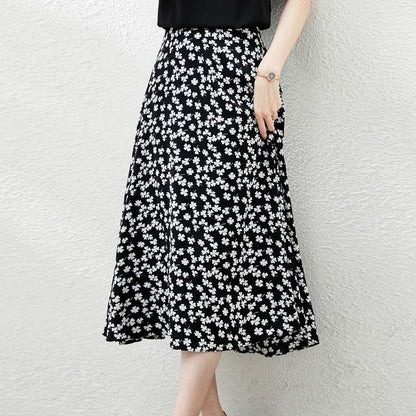 Floral Skirt Women's A-line Skirt High Waist Chiffon Print Midi Skirt Small Daisy Flower Skirt